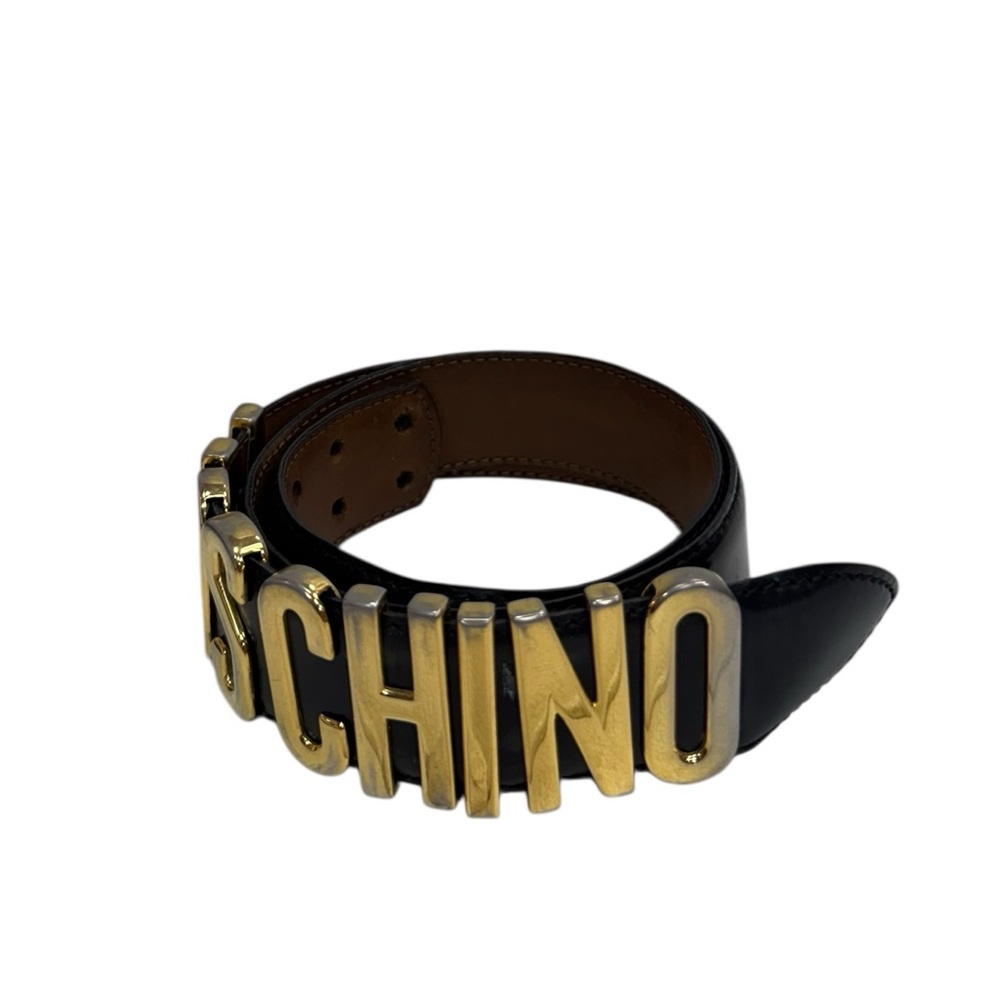 Classic Moschino Black Leather Belt with Gold Logo Letters
